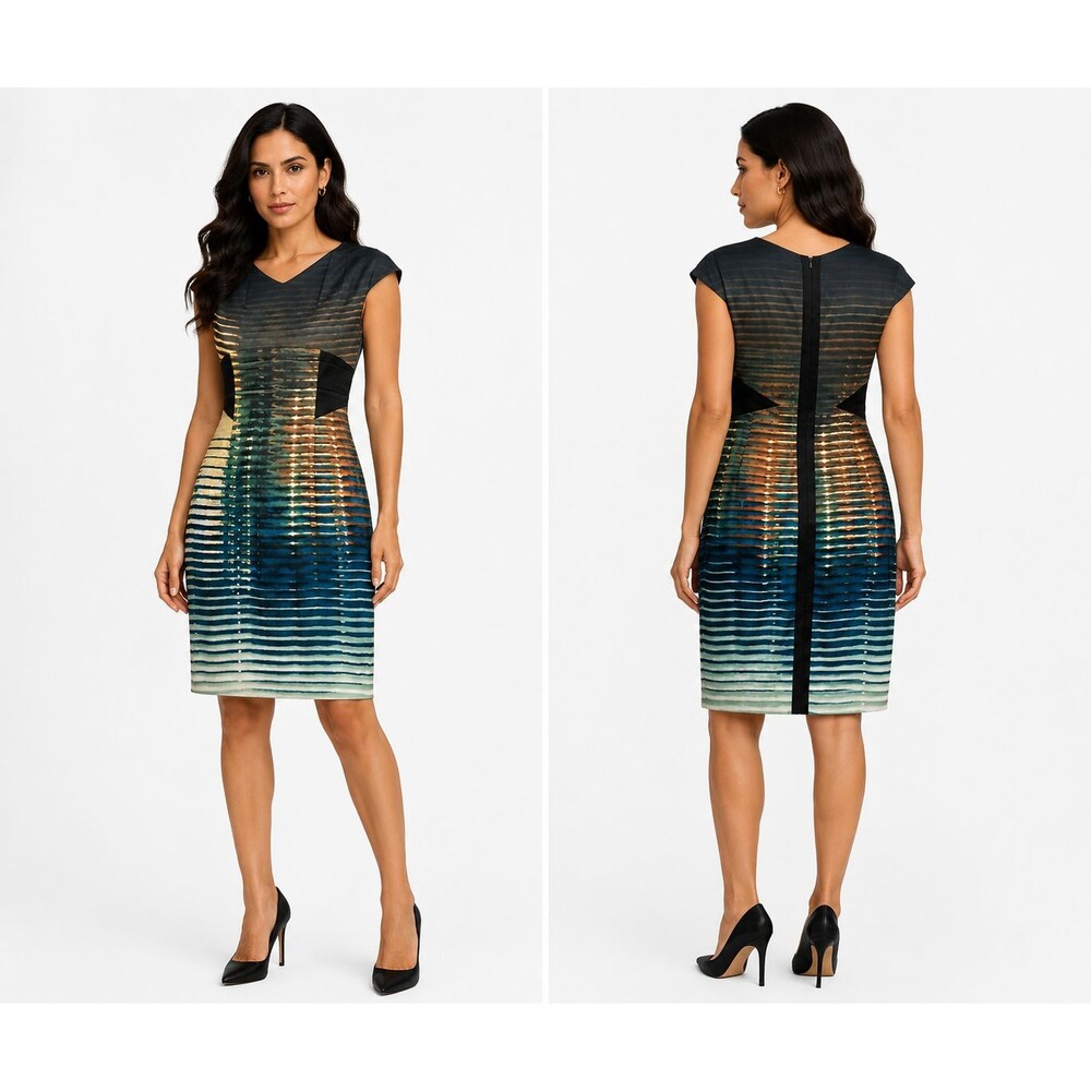 Karen Millen Black Illusion Ombre Panel Cap Sleeve Pencil Sheath Dress Size 8 US